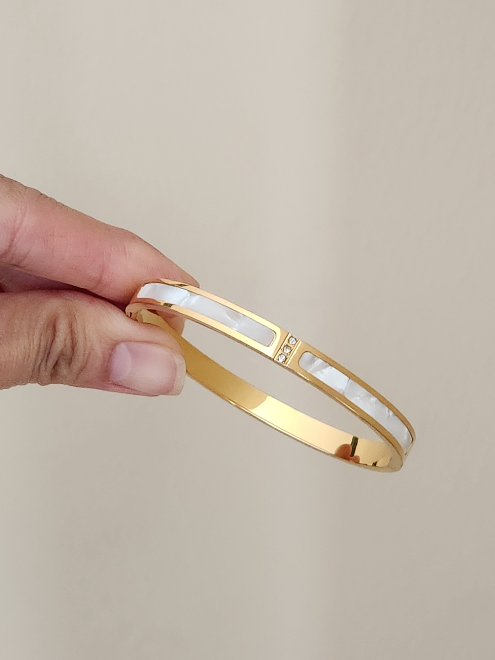 Stainless Steel Gold Plated Bangle With Mother Of Pearl Inlay and CZ Gems